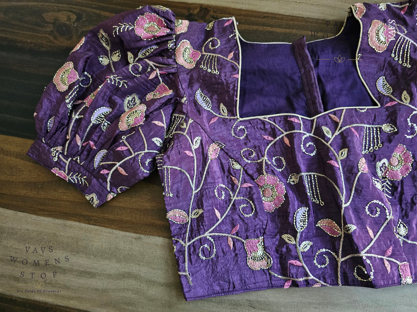 Purple Crushed Silk Puff Sleeves Embroidered Blouse