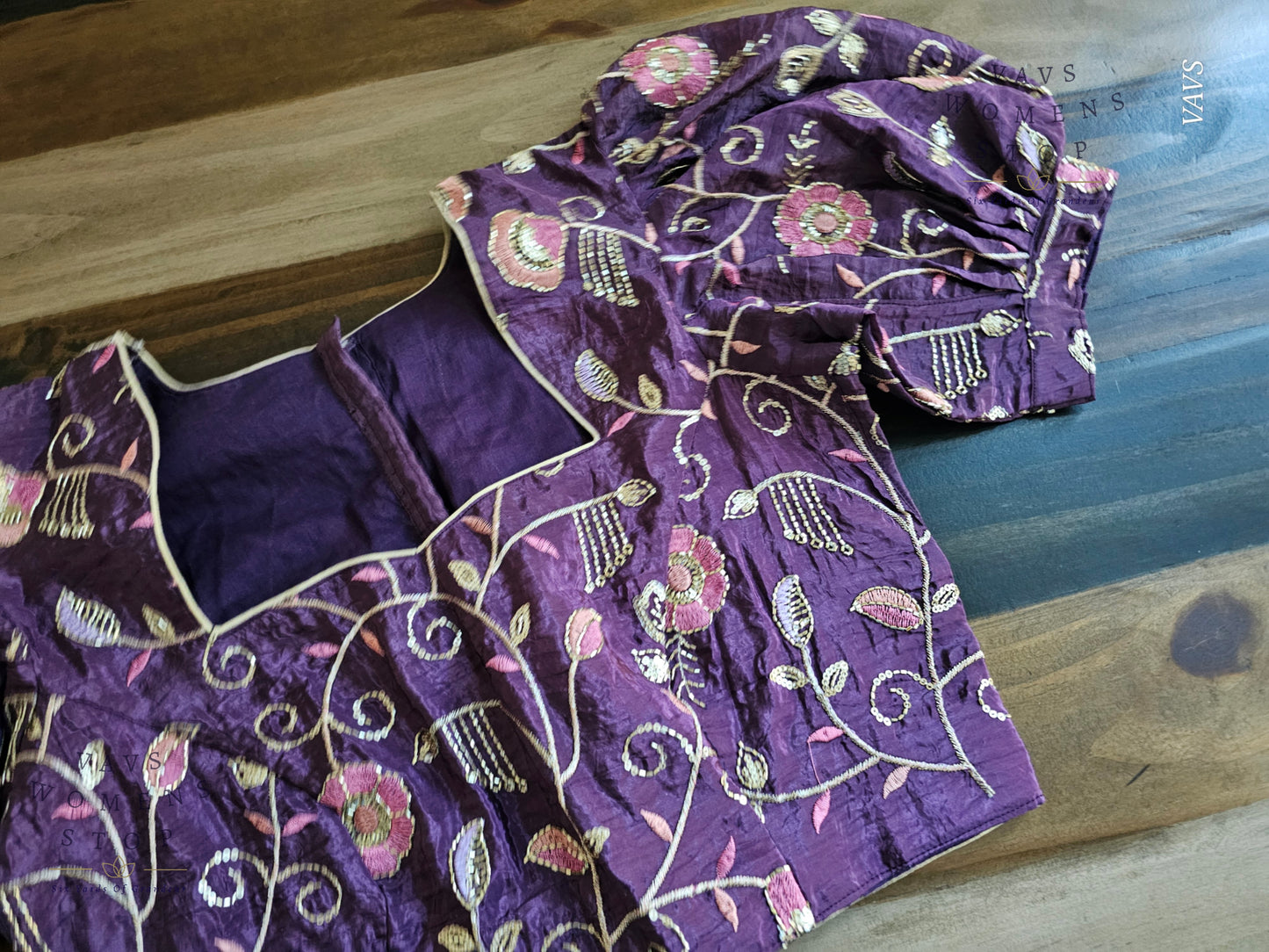 Purple Crushed Silk Puff Sleeves Embroidered Blouse