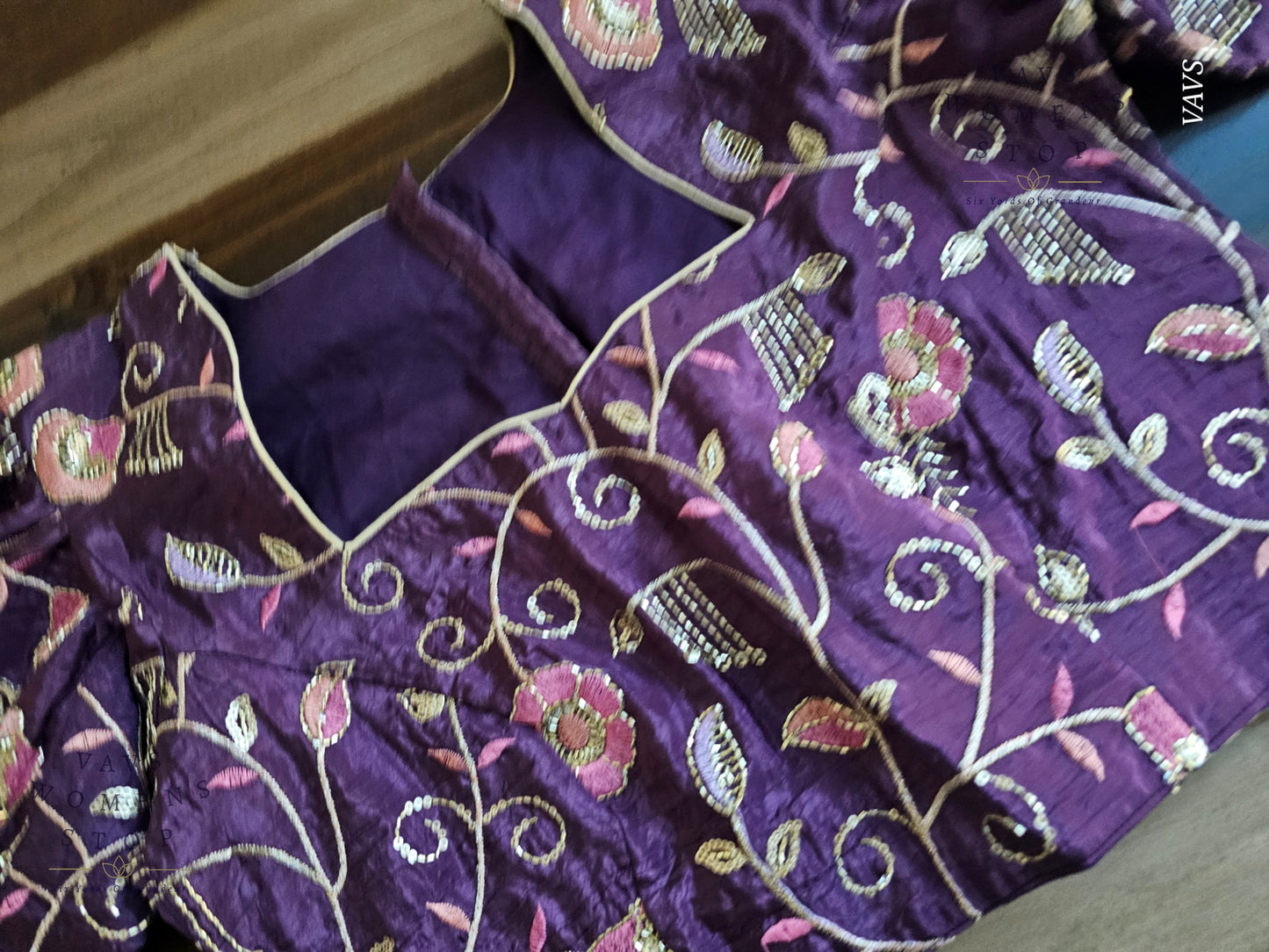 Purple Crushed Silk Puff Sleeves Embroidered Blouse