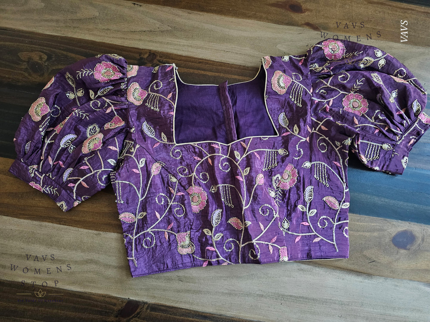 Purple Crushed Silk Puff Sleeves Embroidered Blouse