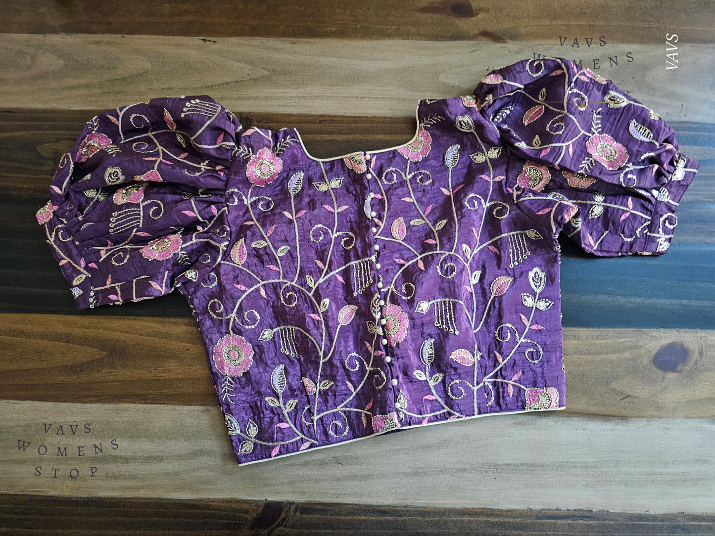 Purple Crushed Silk Puff Sleeves Embroidered Blouse