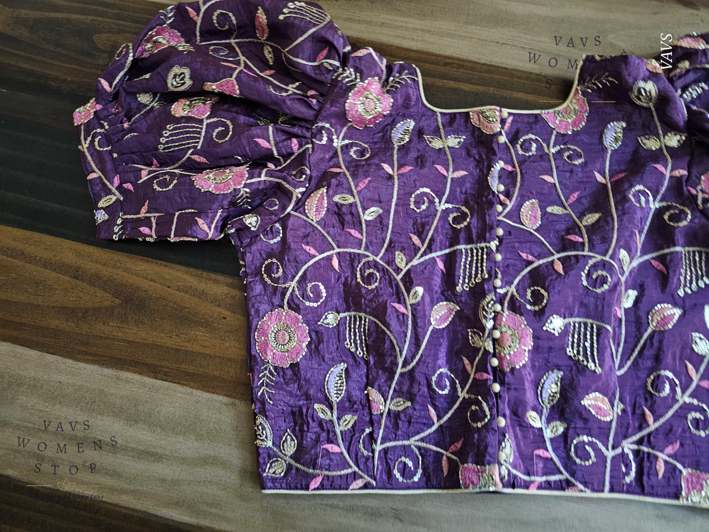 Purple Crushed Silk Puff Sleeves Embroidered Blouse