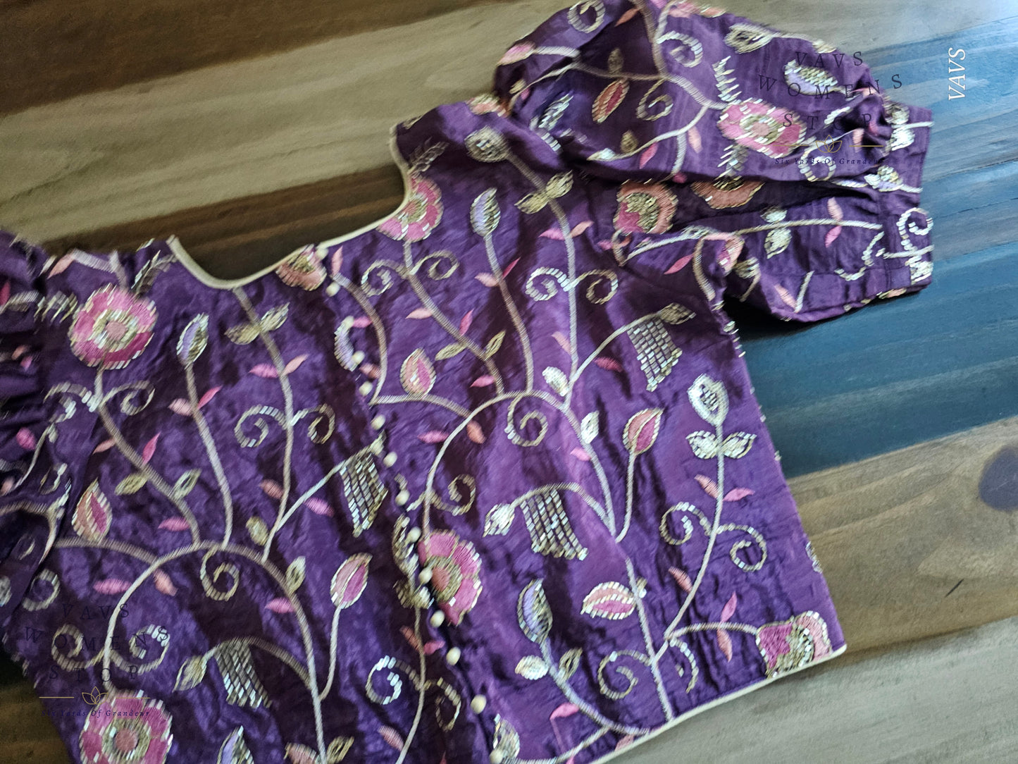 Purple Crushed Silk Puff Sleeves Embroidered Blouse
