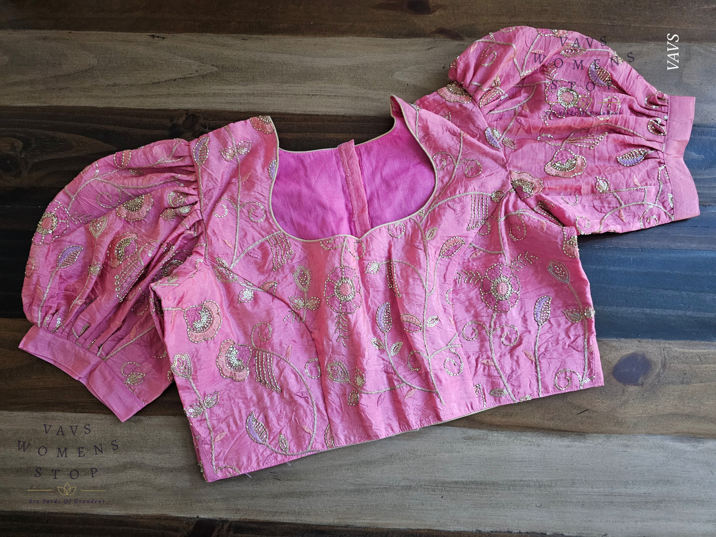 Pink Crushed Silk Puff Sleeves Embroidered Blouse