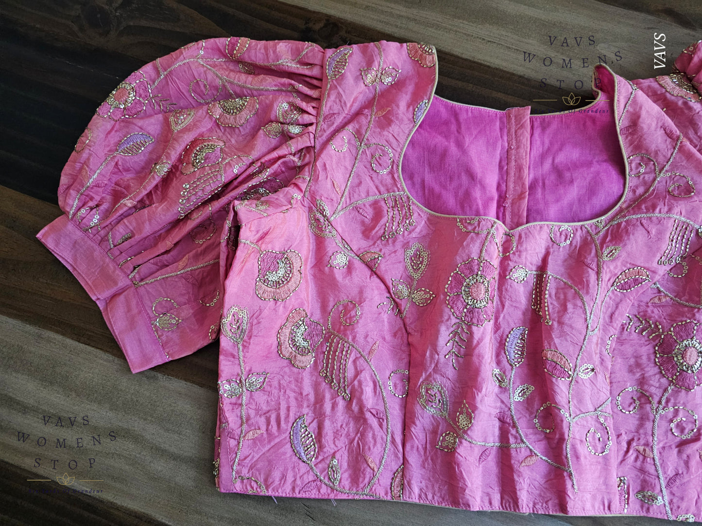 Pink Crushed Silk Puff Sleeves Embroidered Blouse