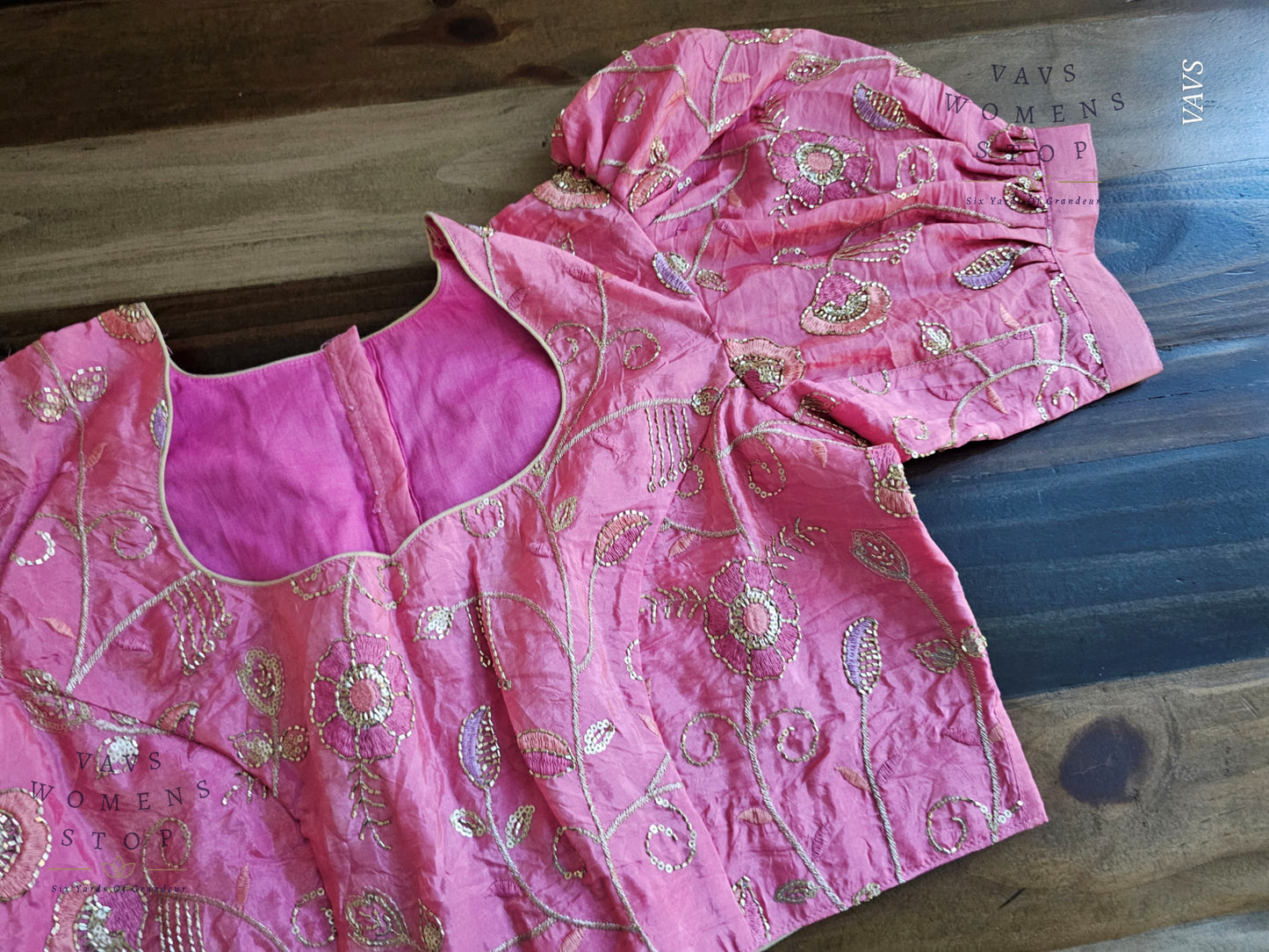 Pink Crushed Silk Puff Sleeves Embroidered Blouse