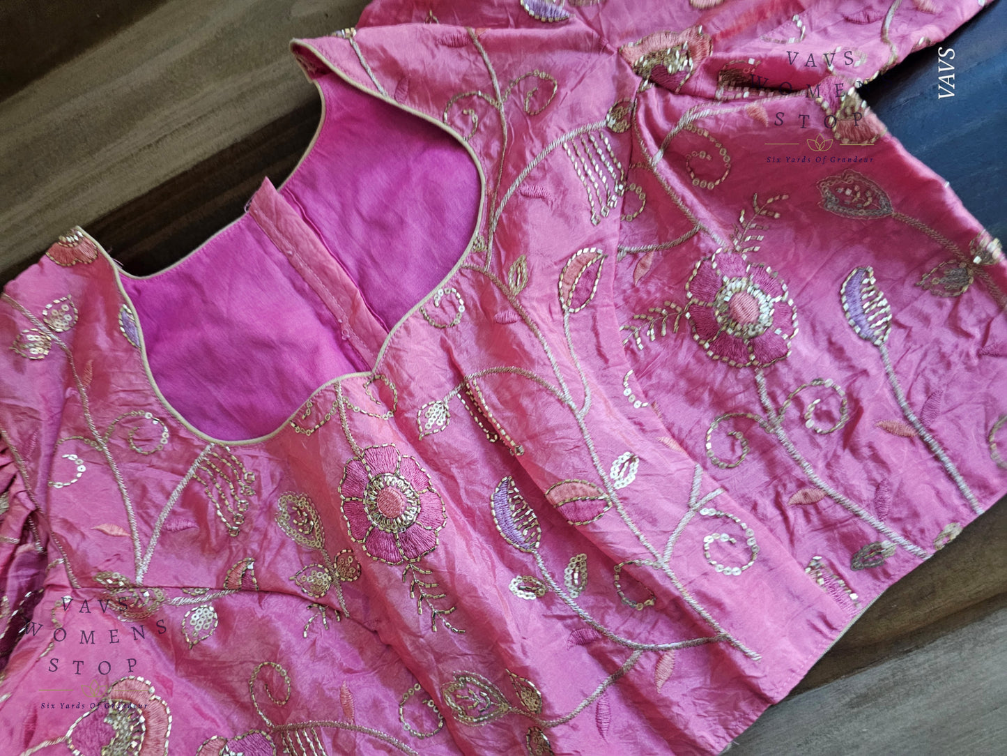 Pink Crushed Silk Puff Sleeves Embroidered Blouse