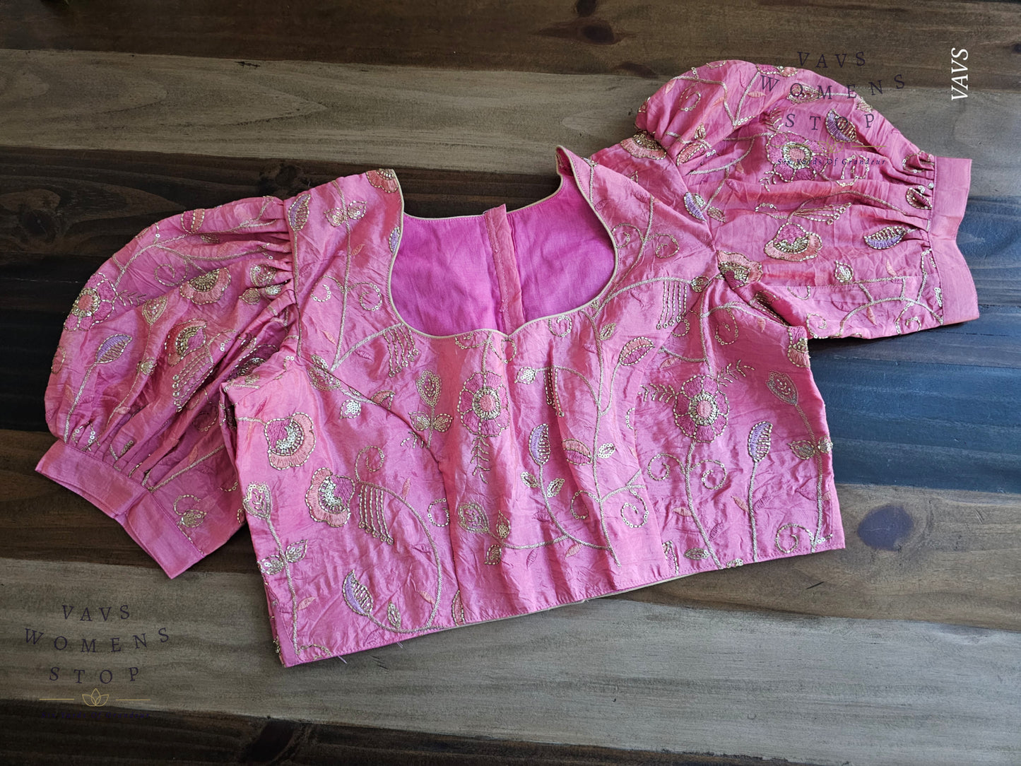 Pink Crushed Silk Puff Sleeves Embroidered Blouse