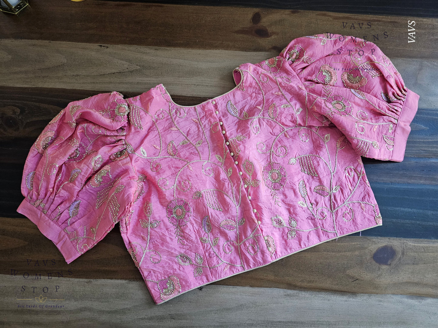 Pink Crushed Silk Puff Sleeves Embroidered Blouse
