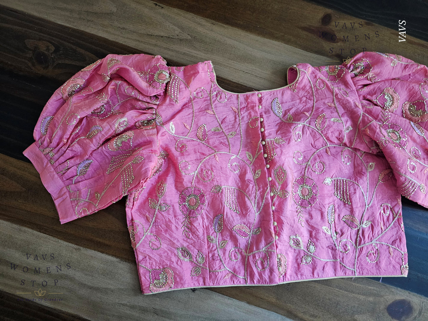 Pink Crushed Silk Puff Sleeves Embroidered Blouse