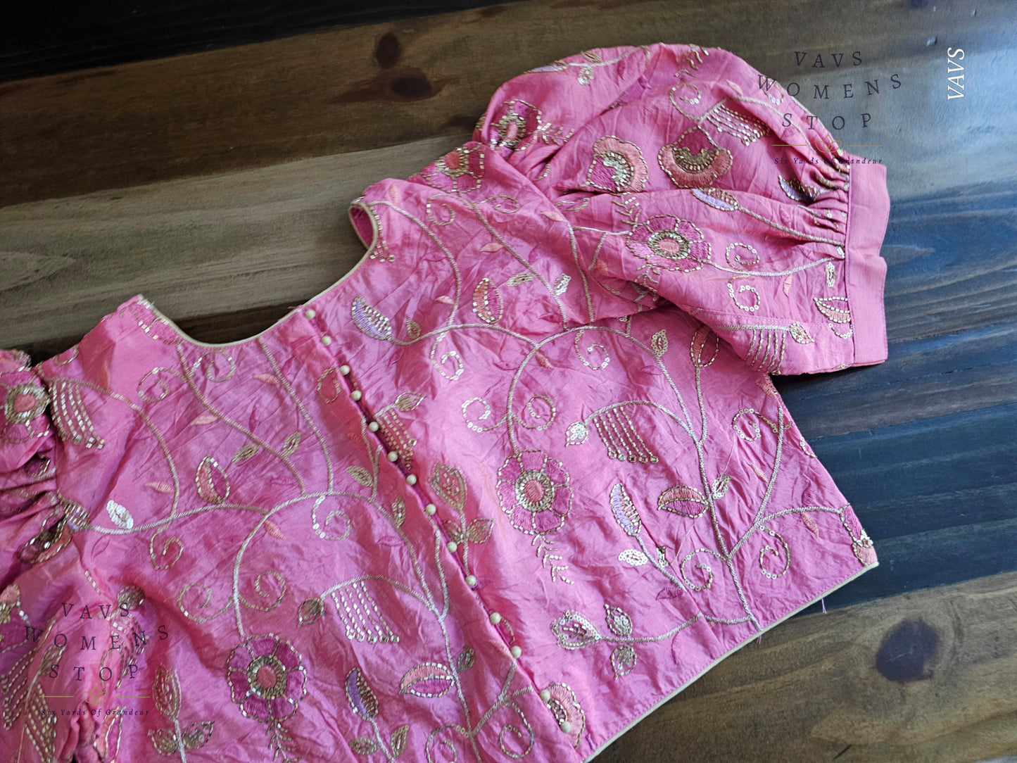 Pink Crushed Silk Puff Sleeves Embroidered Blouse