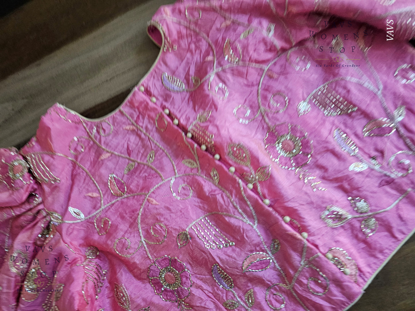 Pink Crushed Silk Puff Sleeves Embroidered Blouse