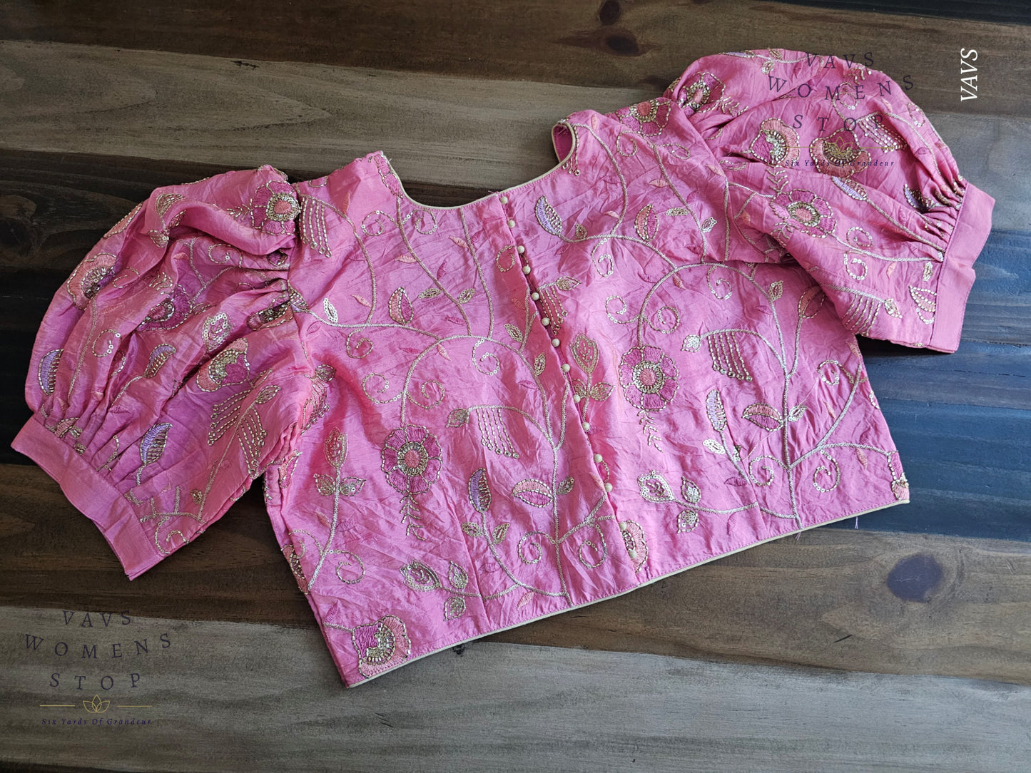 Pink Crushed Silk Puff Sleeves Embroidered Blouse
