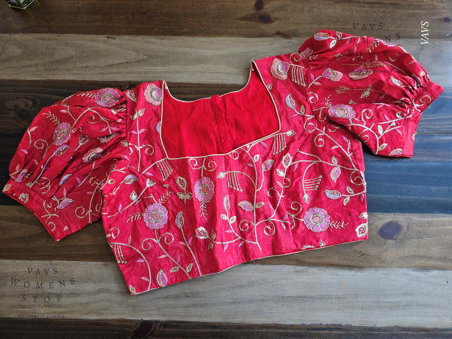 Red Shade Crushed Silk Puff Sleeves Embroidered Blouse