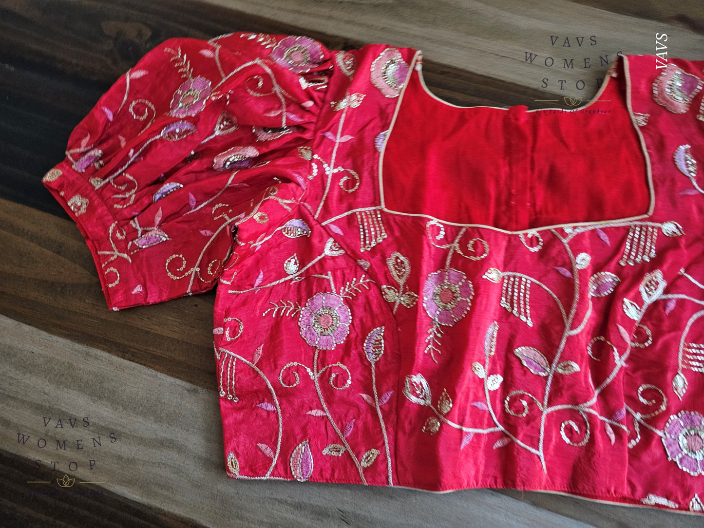 Red Shade Crushed Silk Puff Sleeves Embroidered Blouse