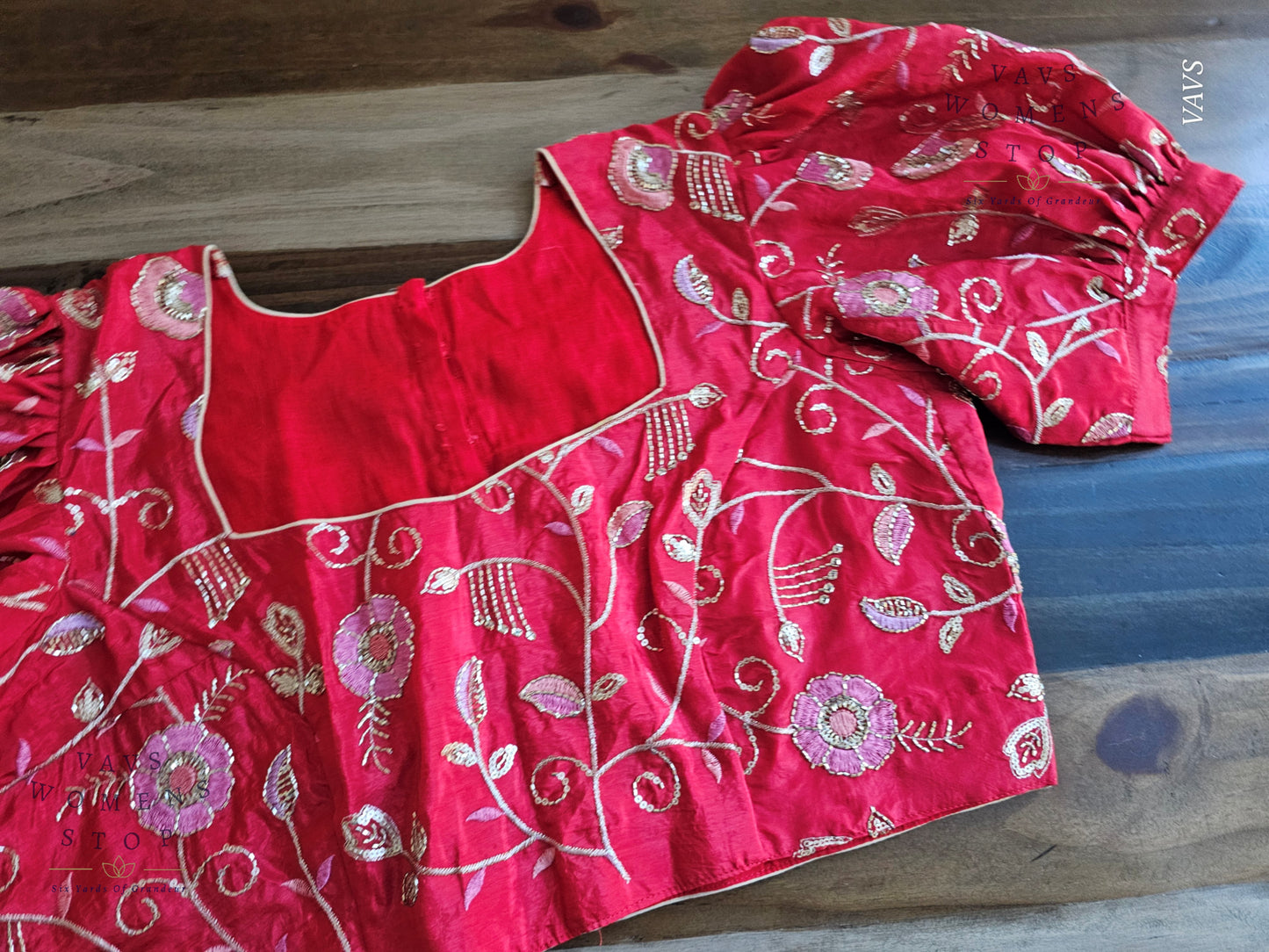 Red Shade Crushed Silk Puff Sleeves Embroidered Blouse