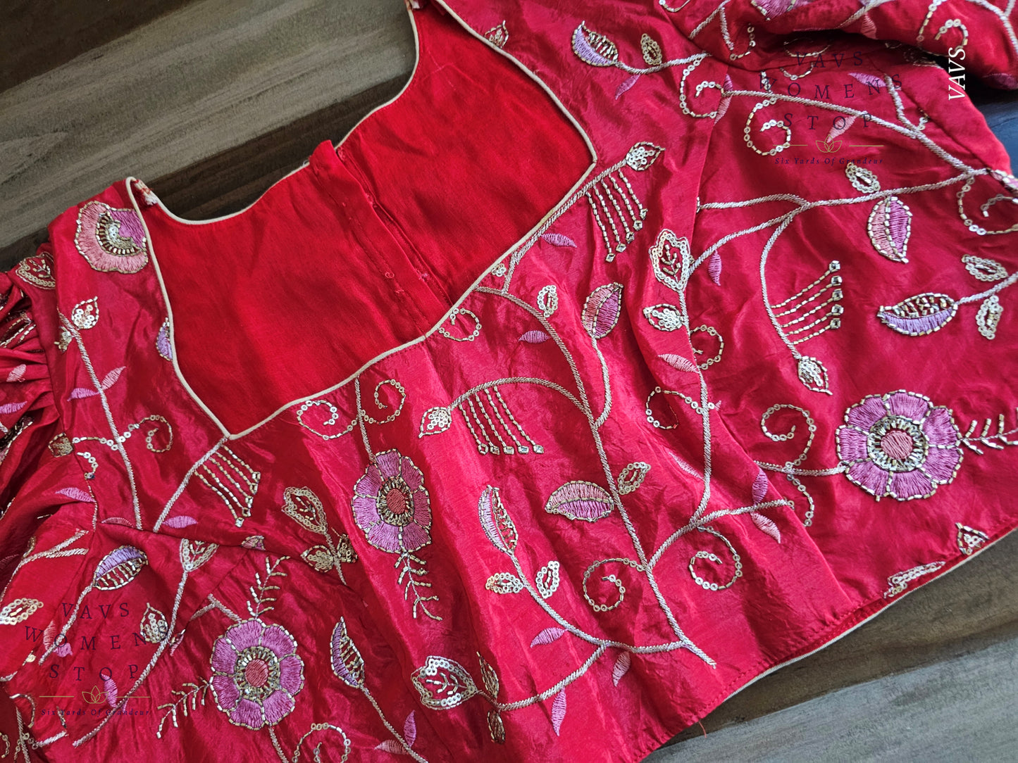 Red Shade Crushed Silk Puff Sleeves Embroidered Blouse