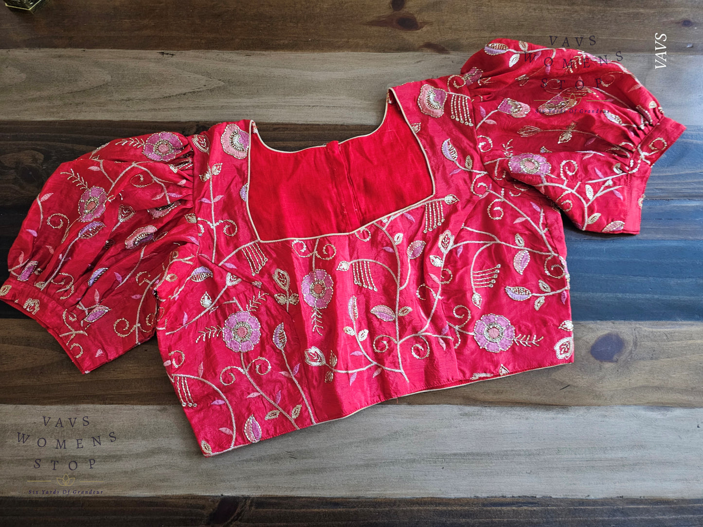 Red Shade Crushed Silk Puff Sleeves Embroidered Blouse