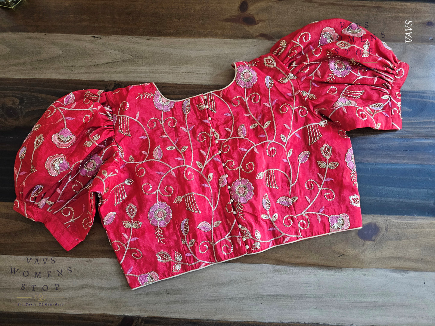 Red Shade Crushed Silk Puff Sleeves Embroidered Blouse