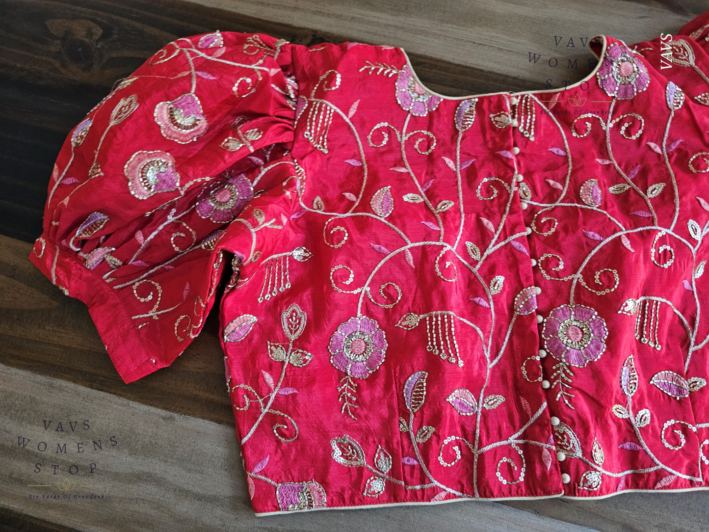 Red Shade Crushed Silk Puff Sleeves Embroidered Blouse