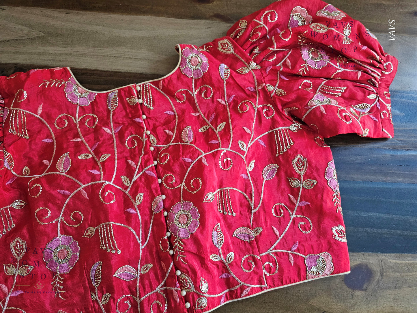 Red Shade Crushed Silk Puff Sleeves Embroidered Blouse
