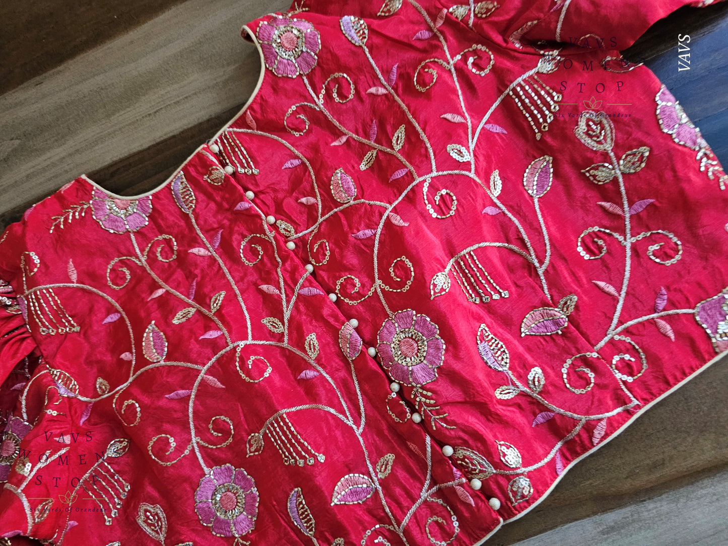 Red Shade Crushed Silk Puff Sleeves Embroidered Blouse