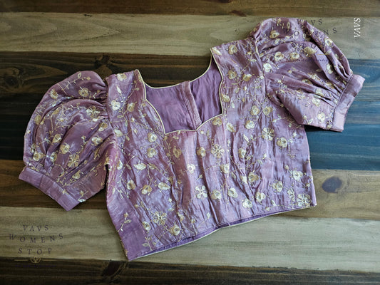 Lavender Crushed Silk Puff Sleeves Embroidered Blouse