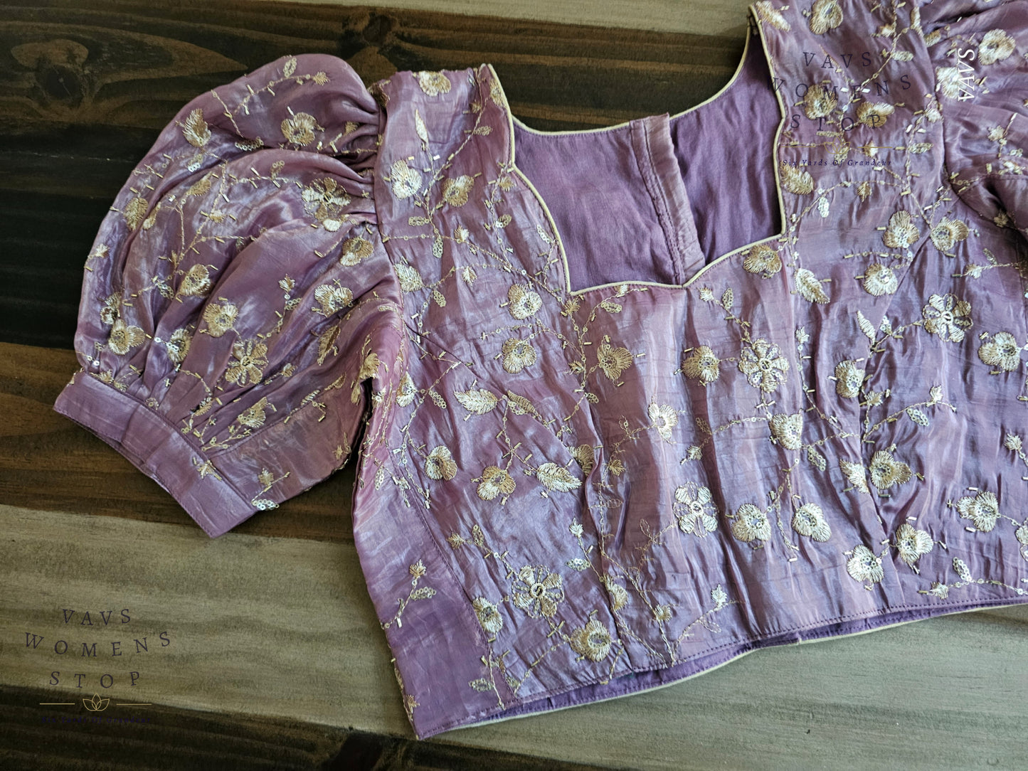 Lavender Crushed Silk Puff Sleeves Embroidered Blouse
