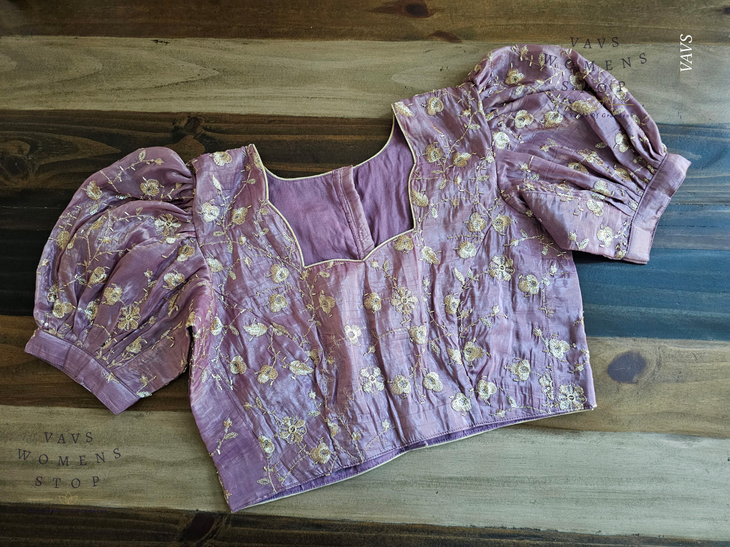 Lavender Crushed Silk Puff Sleeves Embroidered Blouse