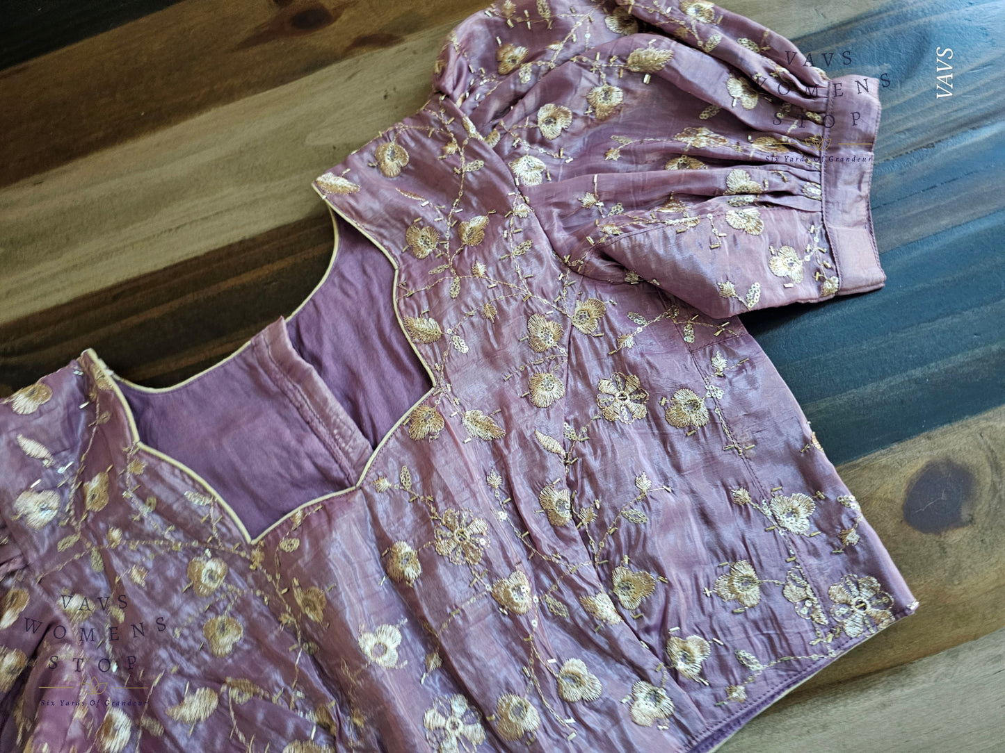 Lavender Crushed Silk Puff Sleeves Embroidered Blouse