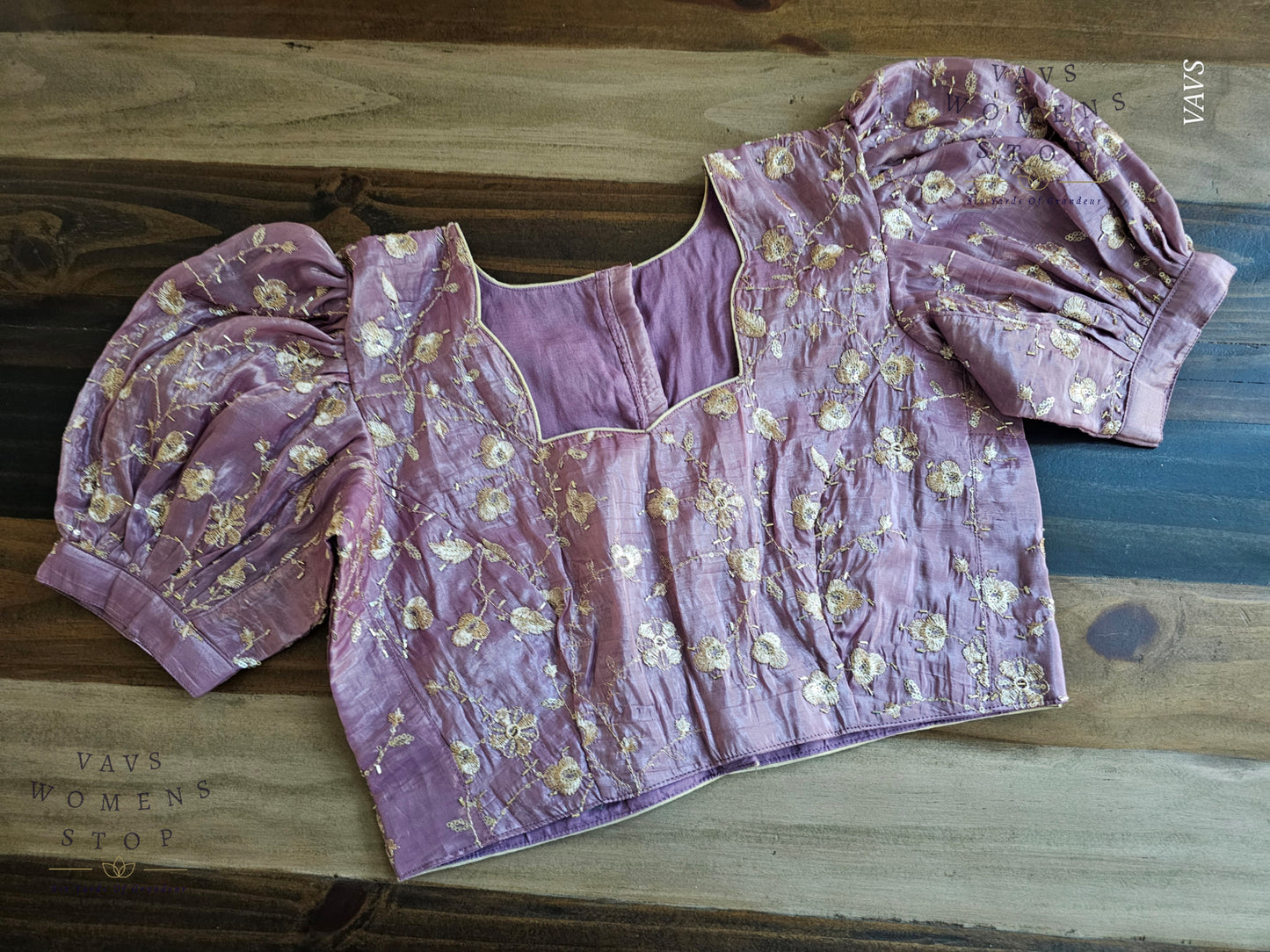 Lavender Crushed Silk Puff Sleeves Embroidered Blouse
