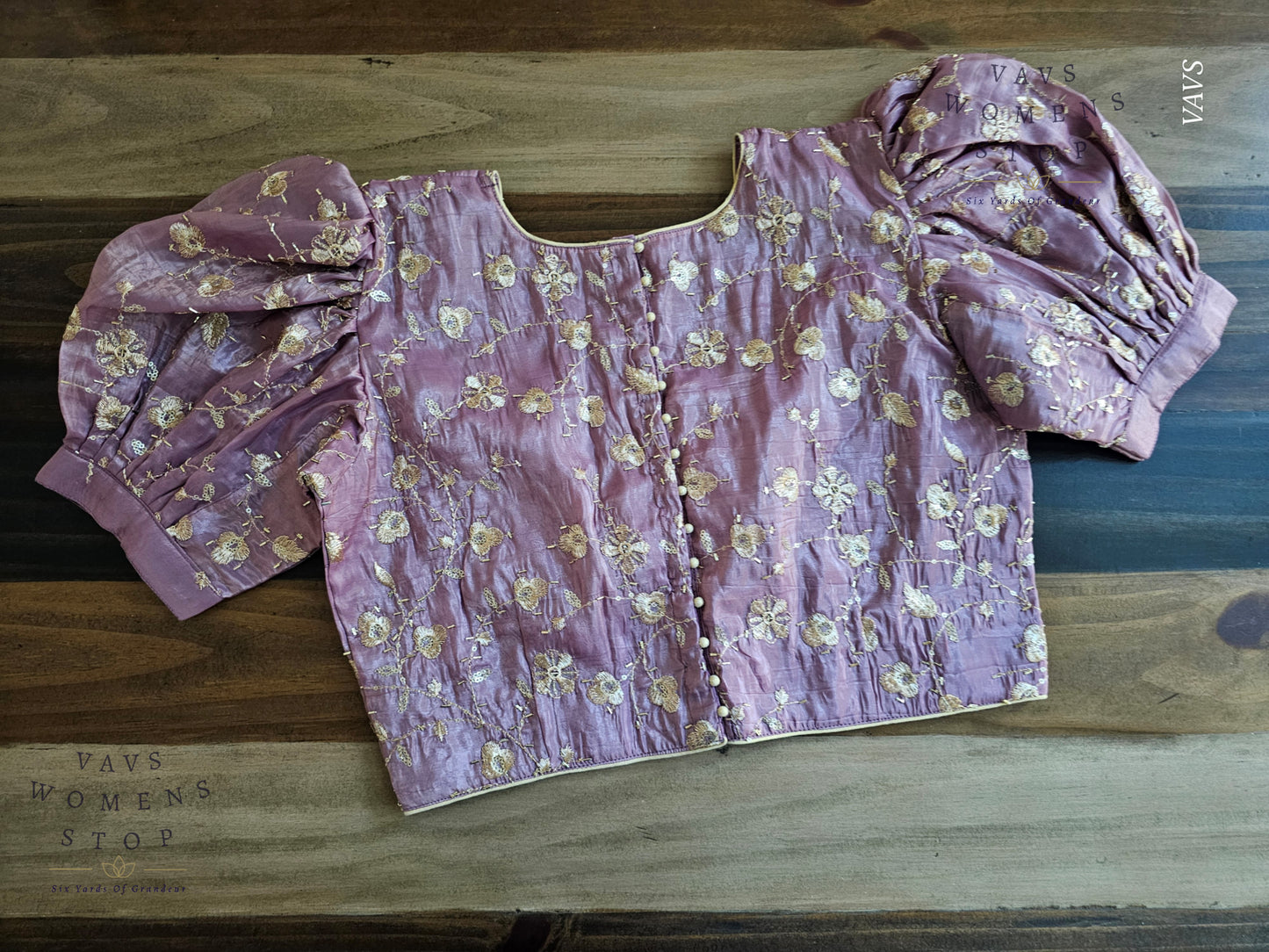 Lavender Crushed Silk Puff Sleeves Embroidered Blouse