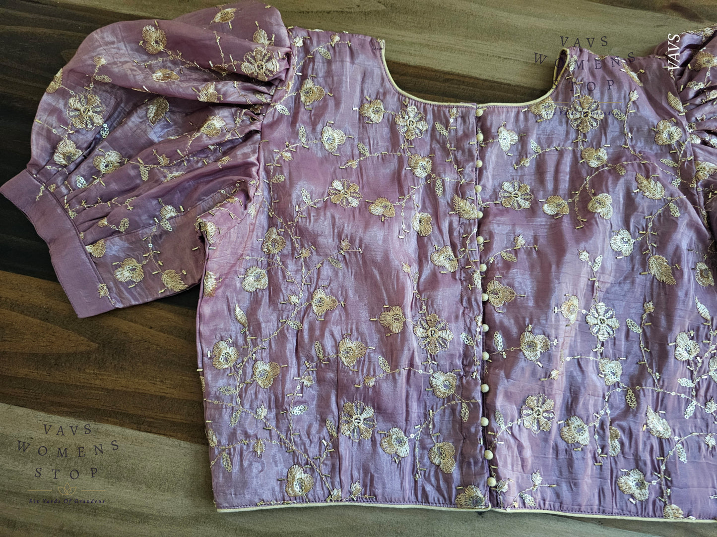 Lavender Crushed Silk Puff Sleeves Embroidered Blouse