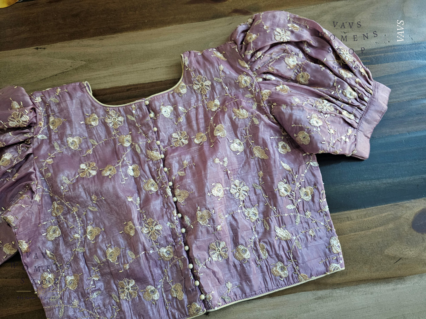 Lavender Crushed Silk Puff Sleeves Embroidered Blouse