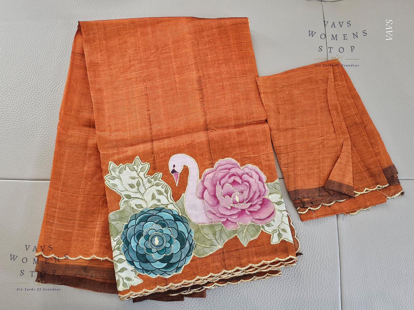 Rust Shade Mangalagiri Handloom Silk Cotton Saree with Appliqué Work & Blouse Piece