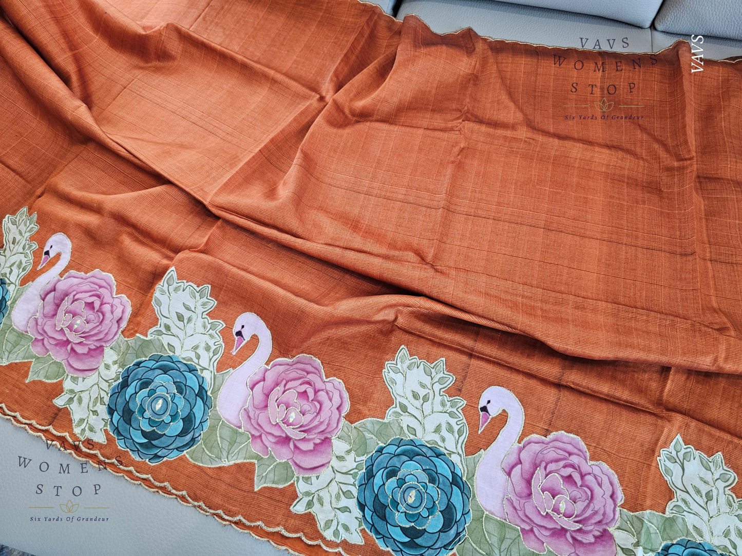 Rust Shade Mangalagiri Handloom Silk Cotton Saree with Appliqué Work & Blouse Piece