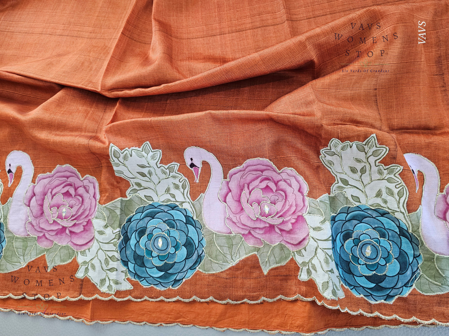 Rust Shade Mangalagiri Handloom Silk Cotton Saree with Appliqué Work & Blouse Piece