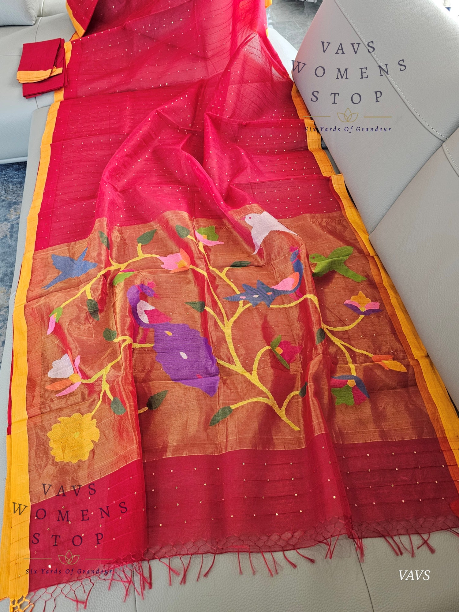 Buy Red Muslin Silk Saree with Sequins & Paithani Pallu | Ready to Ship USA –  Women’s Stop