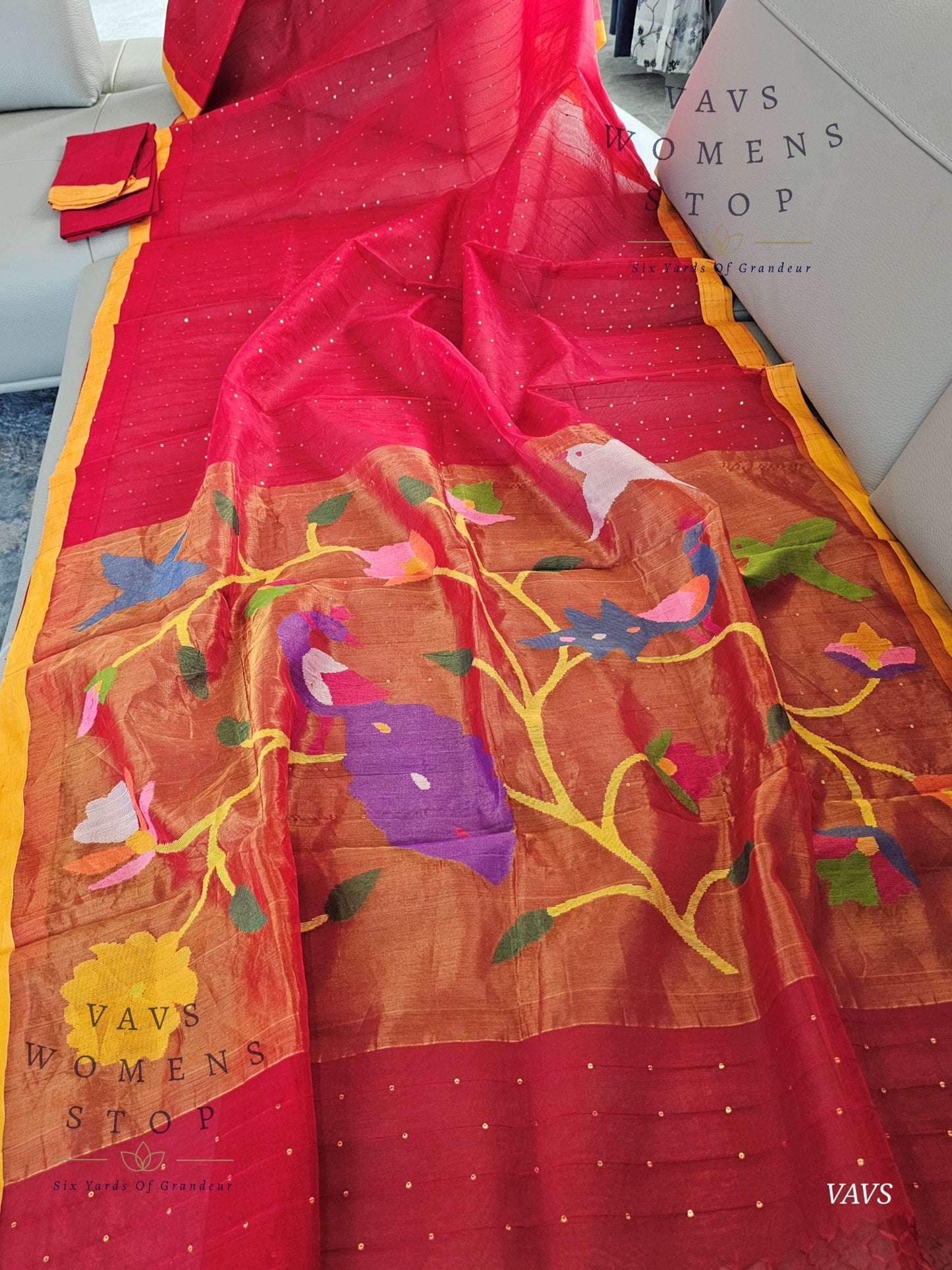 Red Shade Pure Muslin Silk Saree with Sequins Work & Paithani Pallu