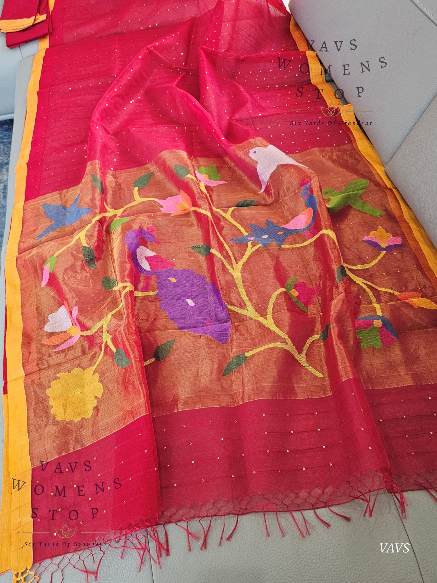 Red Shade Pure Muslin Silk Saree with Sequins Work & Paithani Pallu