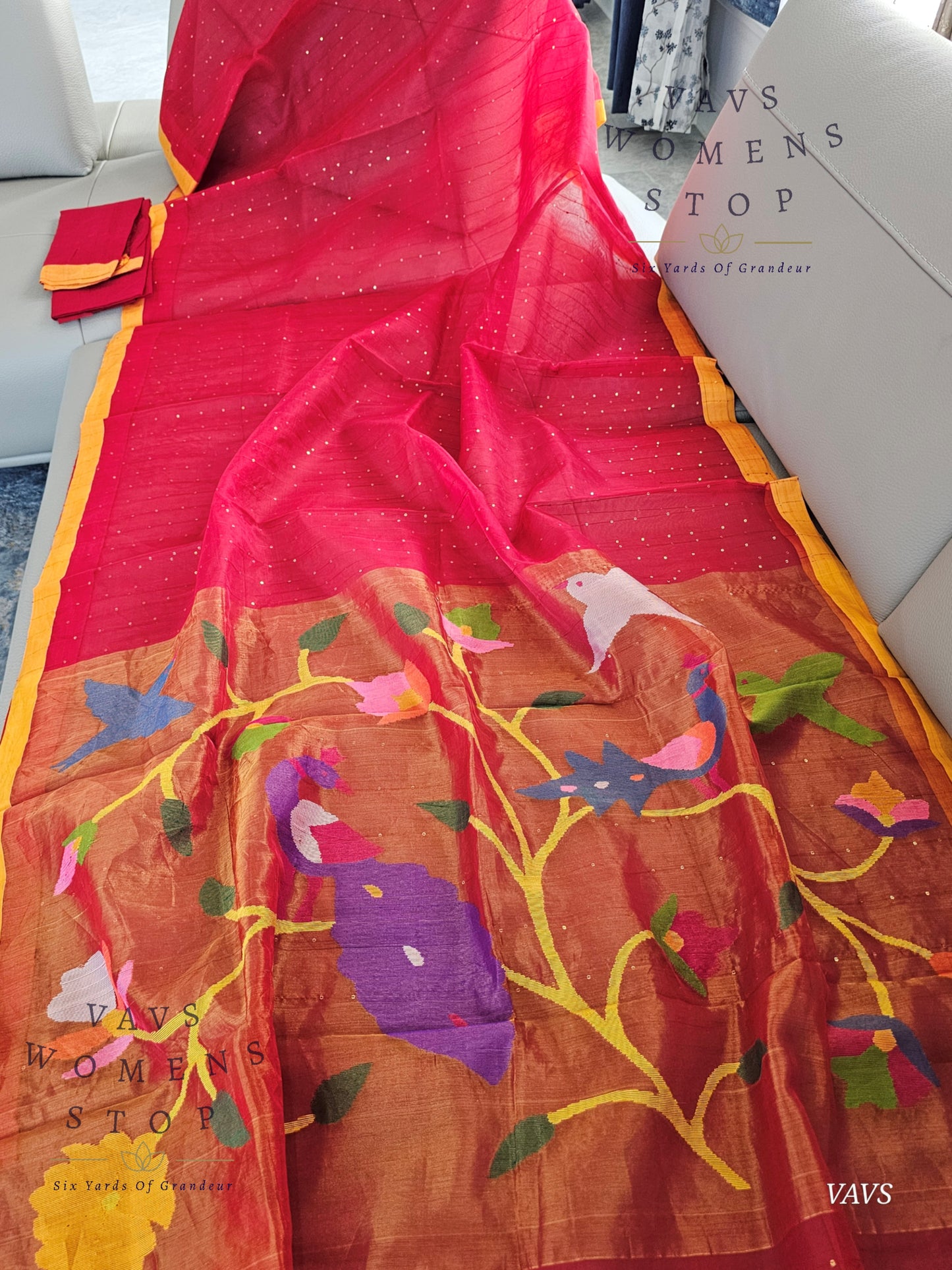 Red Shade Pure Muslin Silk Saree with Sequins Work & Paithani Pallu