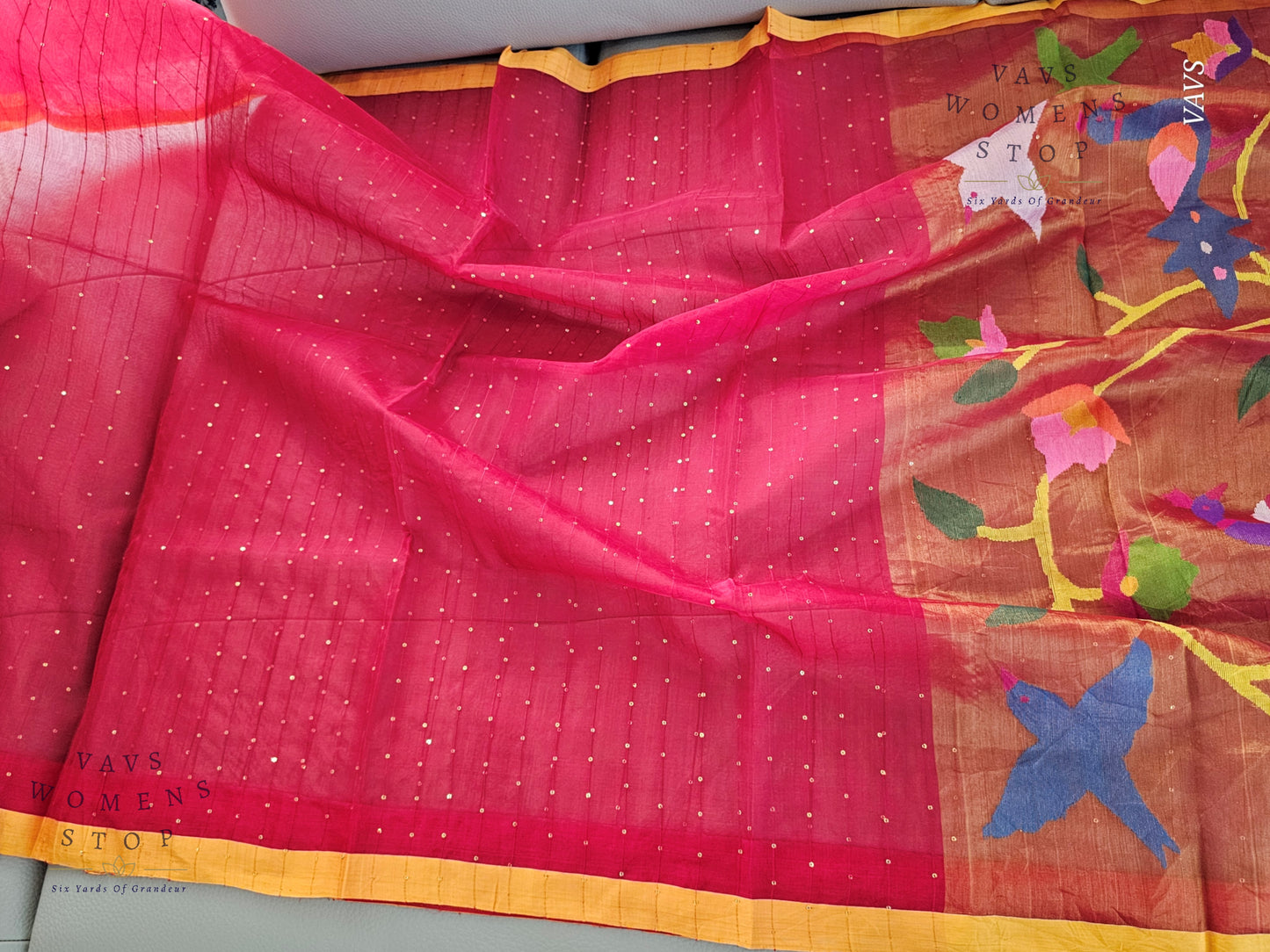 Red Shade Pure Muslin Silk Saree with Sequins Work & Paithani Pallu