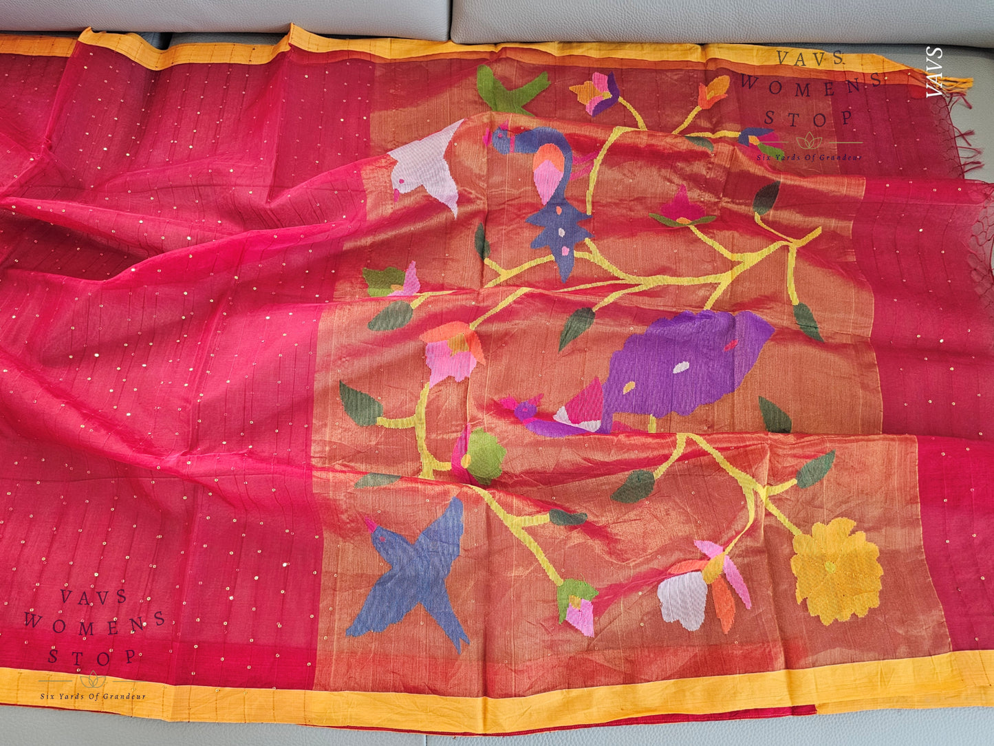 Red Shade Pure Muslin Silk Saree with Sequins Work & Paithani Pallu