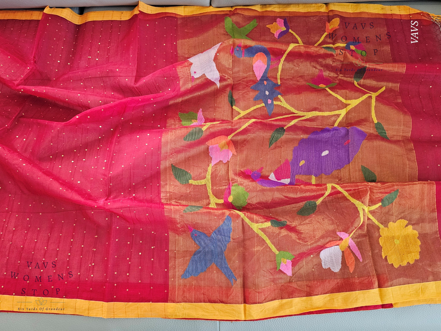 Red Shade Pure Muslin Silk Saree with Sequins Work & Paithani Pallu