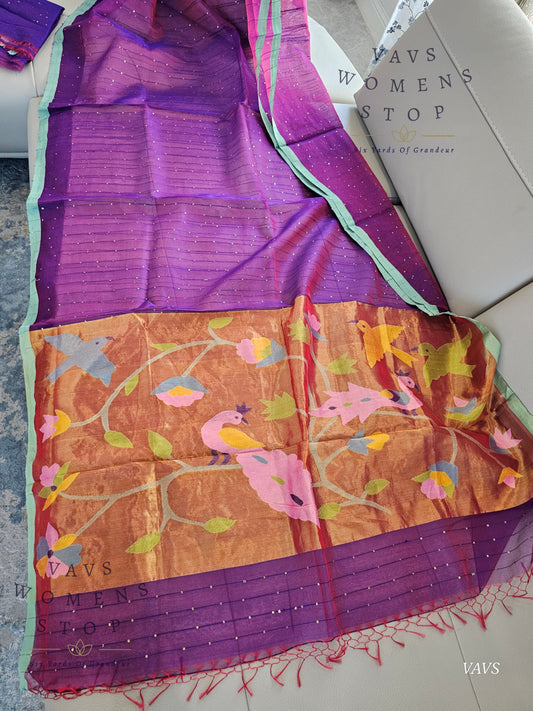 Purple Shade Pure Muslin Silk Saree with Sequins Work & Paithani Pallu | Ready to Ship USA –  Women’s Stop