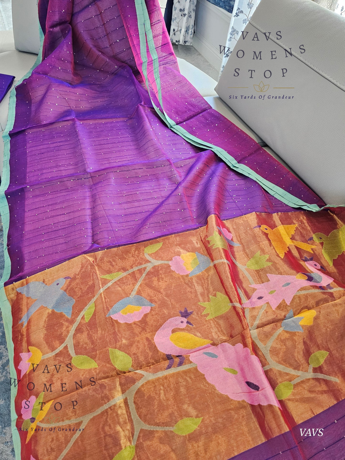 Purple Shade Pure Muslin Silk Saree with Sequins Work & Paithani Pallu