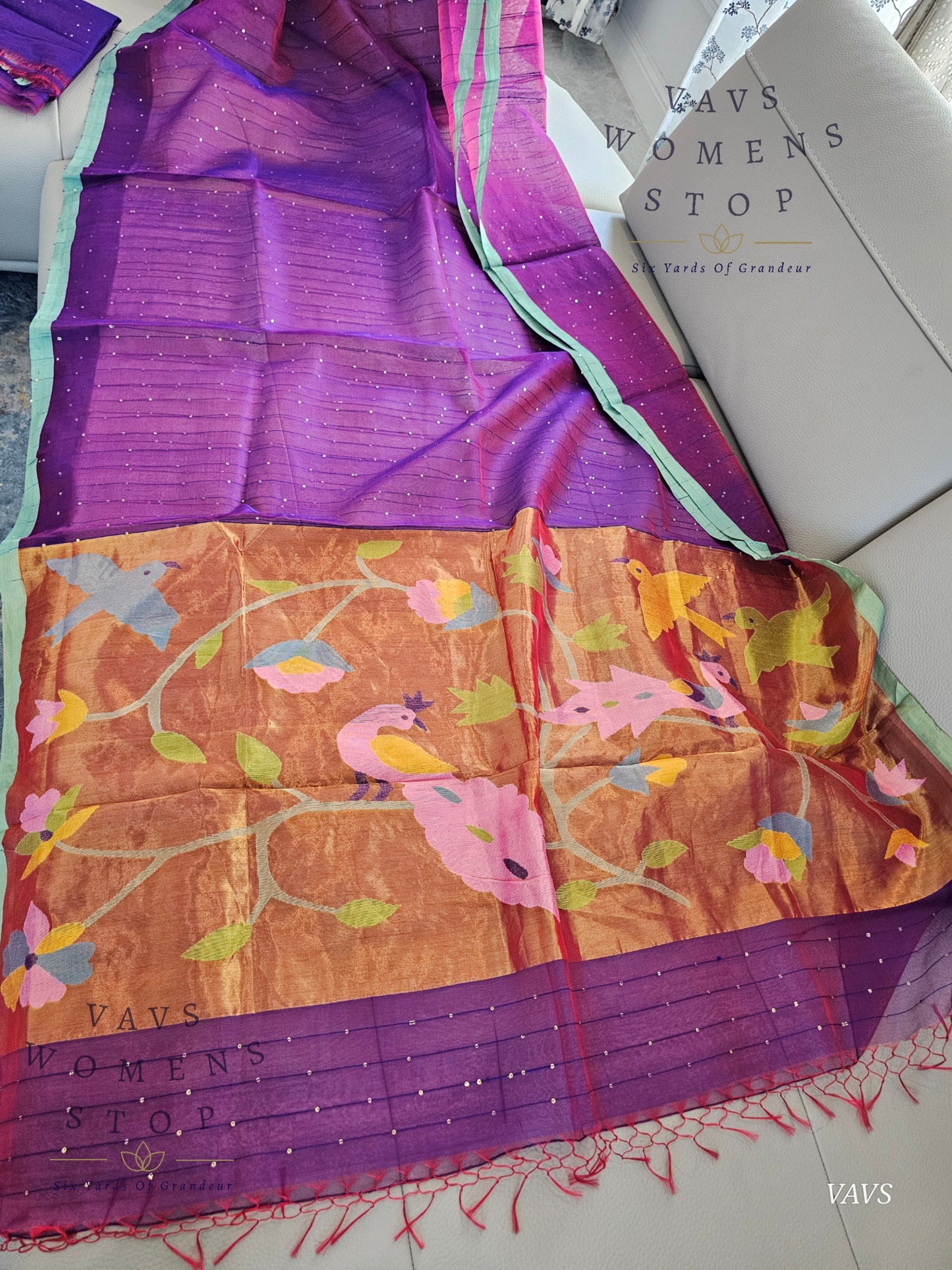 Purple Shade Pure Muslin Silk Saree with Sequins Work & Paithani Pallu