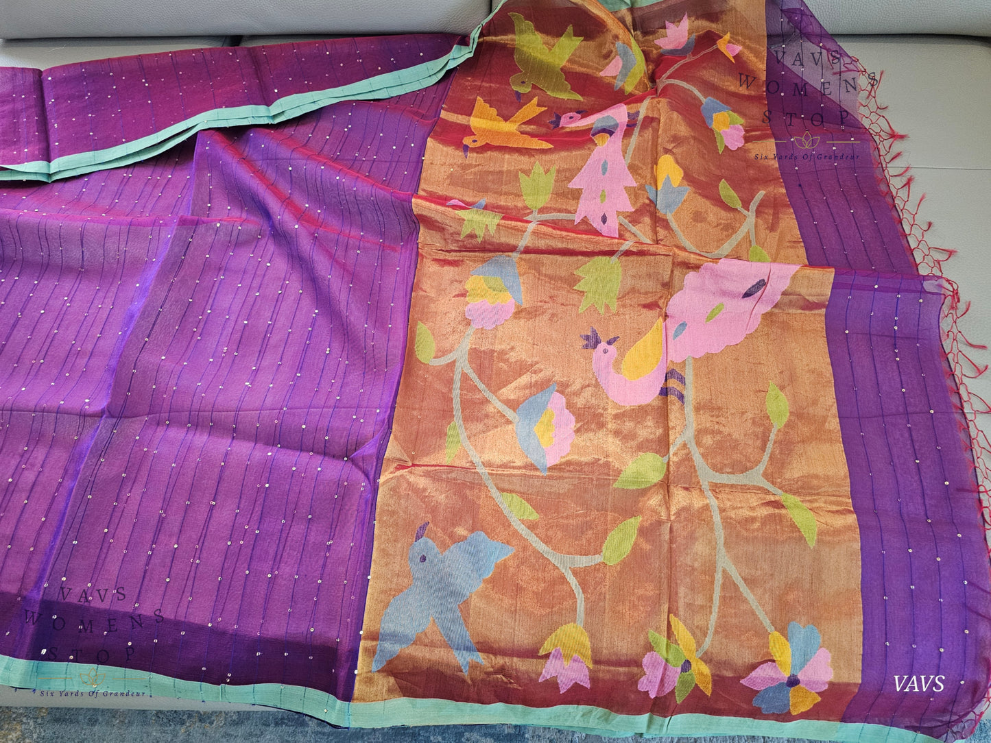 Purple Shade Pure Muslin Silk Saree with Sequins Work & Paithani Pallu