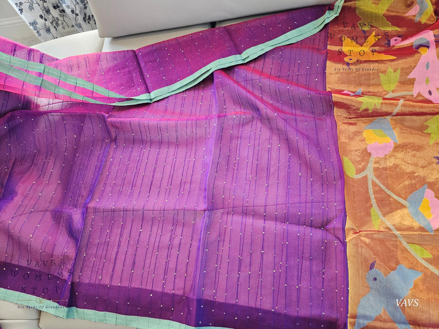 Purple Shade Pure Muslin Silk Saree with Sequins Work & Paithani Pallu