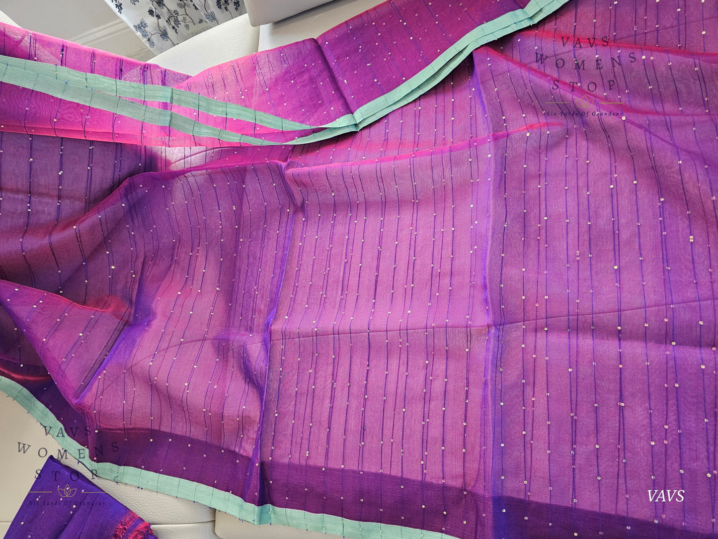 Purple Shade Pure Muslin Silk Saree with Sequins Work & Paithani Pallu